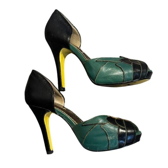 Poetic Licence London Green & Black Leather Peep Toe Heels (EUR 36.5 / US 6) - Picture 6 of 8